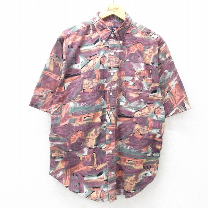 【50%OFF】XL★古着 半袖 シャツ メンズ 00年代 00s 総柄 コットン ボタンダウン 紫他 パープル 25may15 中古 トップス