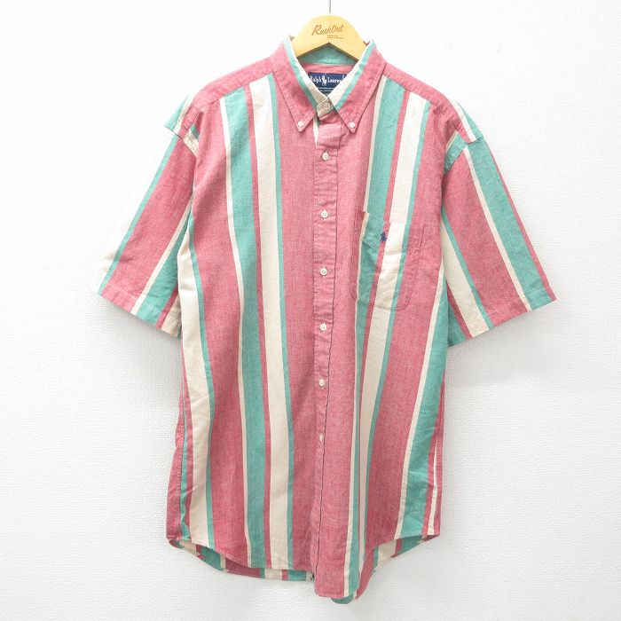 L★古着 ラルフローレン Ralph Lauren 半袖 ブランド シャツ メンズ 90年代 90s ワンポイントロゴ ロング丈 コットン ボタンダウン 赤他 レッド ストライプ 【spe】 25may15 中古 トップス