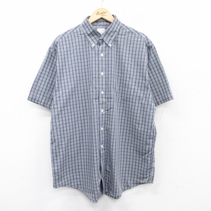 XL★古着 ブルックスブラザーズ BROOKS BROTHERS 半袖 ブランド シャツ メンズ ロング丈 コットン ボタンダウン 緑他 グリーン チェック 25may16 中古 トップス