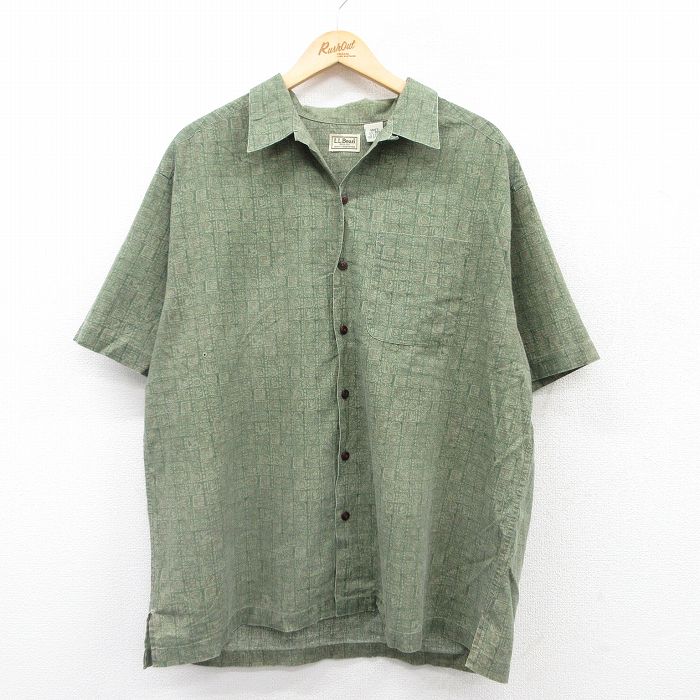 XL★古着 エルエルビーン LLBEAN 半袖 シャツ メンズ 00年代 00s 総柄 大きいサイズ コットン 開襟 オープンカラー 緑他 グリーン 25may16 中古 トップス