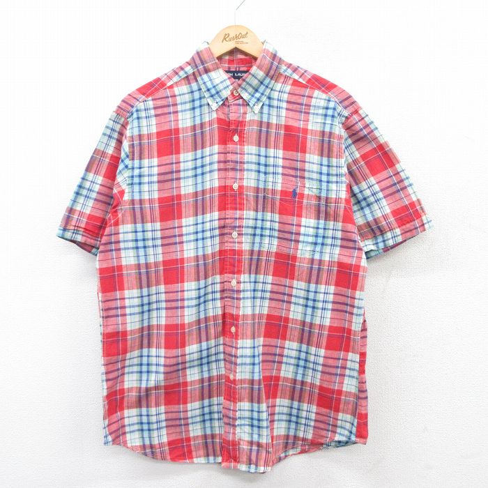 L★古着 ラルフローレン Ralph Lauren スポーツ 半袖 ブランド シャツ メンズ ワンポイントロゴ コットン ボタンダウン 赤他 レッド チェック 25may16 中古 トップス