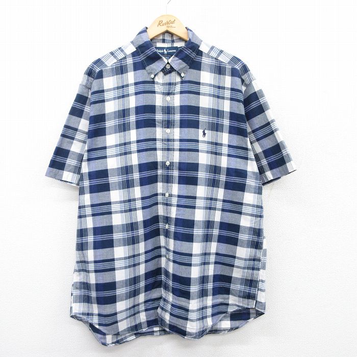 XL★古着 ラルフローレン Ralph Lauren 半袖 ブランド シャツ メンズ 90年代 90s ワンポイントロゴ BLAKE 大きいサイズ ロング丈 コットン ボタンダウン 紺他 ネイビー チェック 25may16 中古 トップス