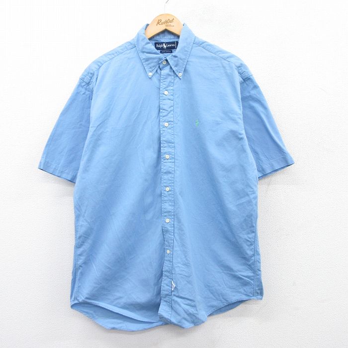 XL★古着 ラルフローレン Ralph Lauren 半袖 ブランド シャツ メンズ 90年代 90s ワンポイントロゴ ロング丈 コットン ボタンダウン 水色 25may16 中古 トップス
