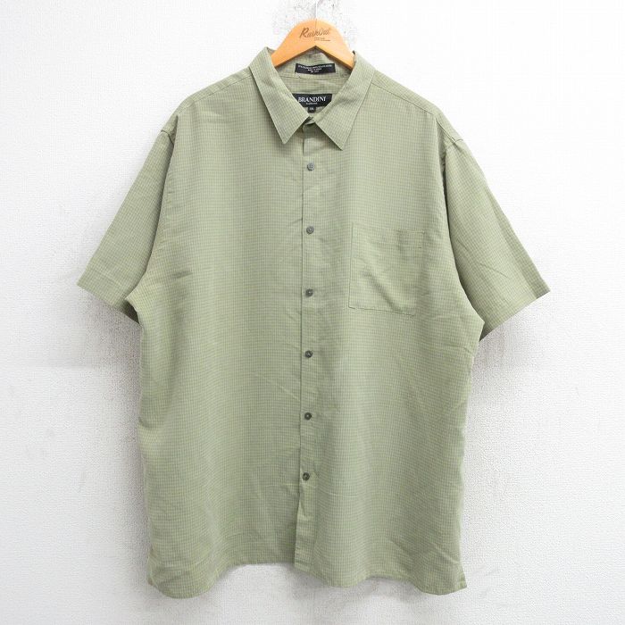 XL★古着 半袖 シャツ メンズ 大きいサイズ ロング丈 レーヨン 薄緑系他 グリーン チェック 25may17 中古 トップス