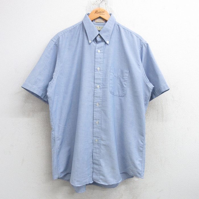 XL★古着 エルエルビーン LLBEAN 半袖 シャツ メンズ 80年代 80s オックスフォード 大きいサイズ ロング丈 ボタンダウン USA製 薄紺系 ネイビー 【spe】 25may17 中古 トップス