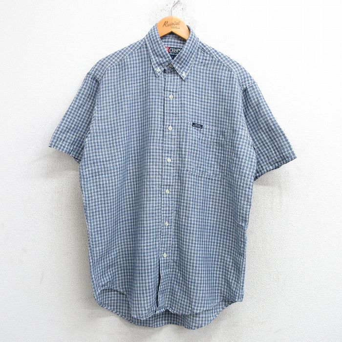 L★古着 ラルフローレン Ralph Lauren チャップス 半袖 ブランド シャツ メンズ 90年代 90s ロング丈 リネン ボタンダウン 紺他 ネイビー チェック 25may17 中古 トップス