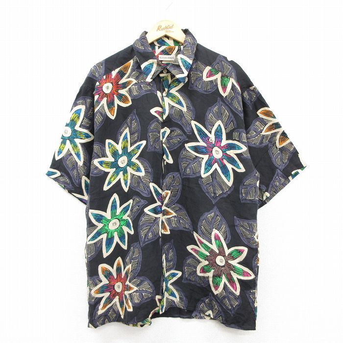 XL★古着 半袖 シャツ メンズ 00年代 00s 花 総柄 シルク 黒他 ブラック 25may20 中古 トップス