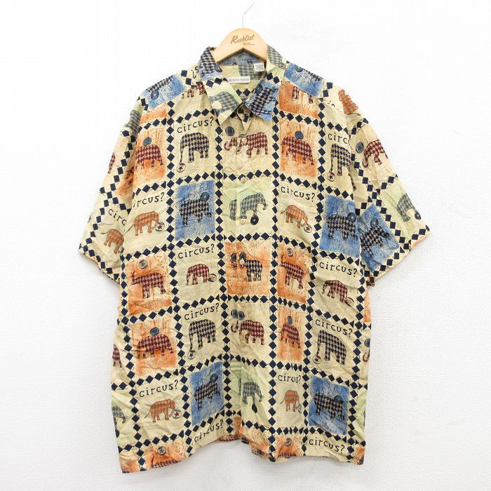 XL★古着 半袖 シャツ メンズ 00年代 00s ゾウ 大きいサイズ ロング丈 シルク 黄他 イエロー 25may20 中古 トップス