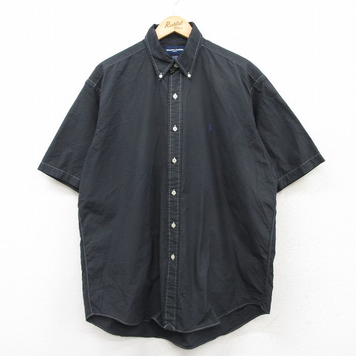 XL★古着 ラルフローレン Ralph Lauren ゴルフ 半袖 ブランド シャツ メンズ 90年代 90s ワンポイントロゴ TILDEN 大きいサイズ コットン ボタンダウン 黒他 ブラック チェック 25may20 中古 トップス