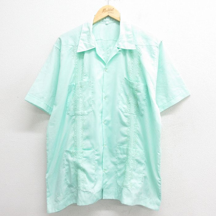XL★古着 半袖 キューバ シャツ メンズ 刺繍 開襟 オープンカラー 薄緑 グリーン 25may26 中古 トップス