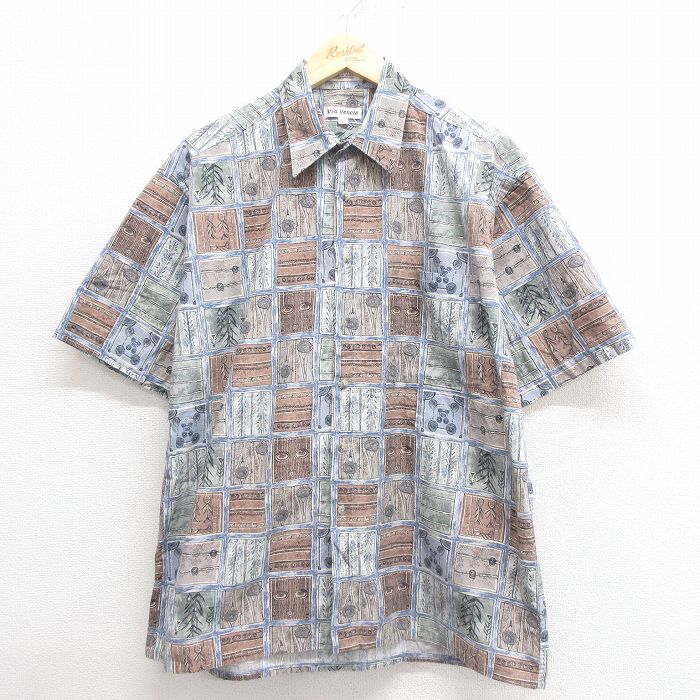 XL★古着 半袖 シャツ メンズ 総柄 コットン 紺他 ネイビー 25may26 中古 トップス