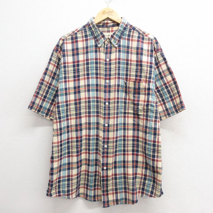 XL★古着 エディーバウアー 半袖 シャツ メンズ 00年代 00s 大きいサイズ コットン ボタンダウン 紺他 ネイビー チェック 25may26 中古 トップス