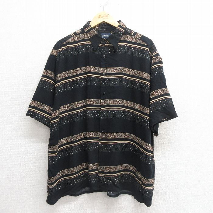 XL★古着 ピューリタン 半袖 シャツ メンズ 00年代 00s レーヨン 黒他 ブラック 25may27 中古 トップス