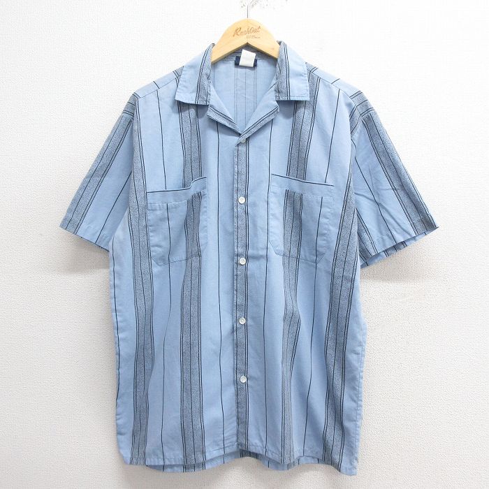 L★古着 半袖 シャツ メンズ 90年代 90s 開襟 オープンカラー 薄紺他 ネイビー ストライプ 25may27 中古 トップス