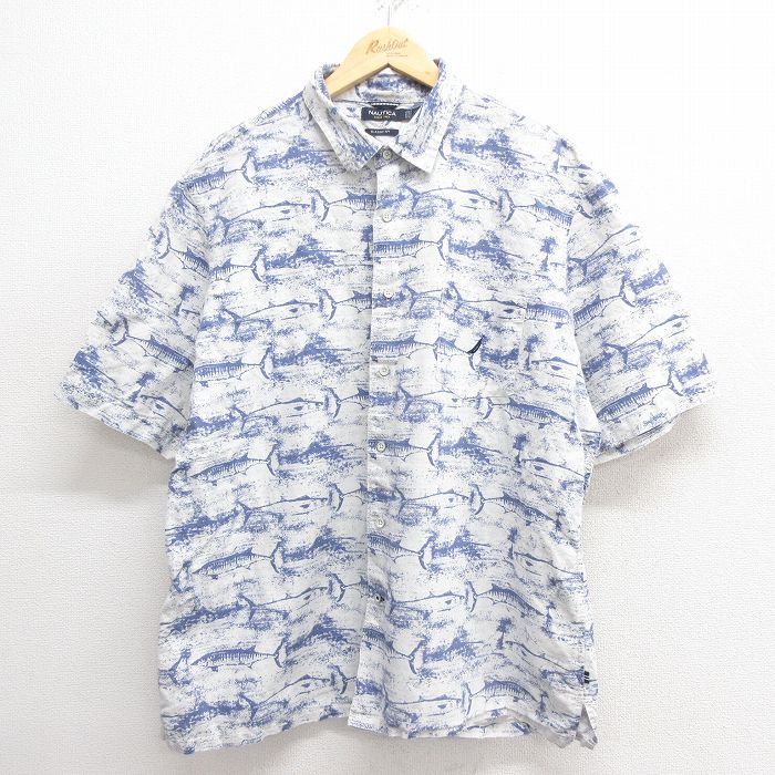 XL★古着 ノーティカ NAUTICA 半袖 ブランド シャツ メンズ 魚 大きいサイズ リネン 薄紺他 ネイビー 25may27 中古 トップス