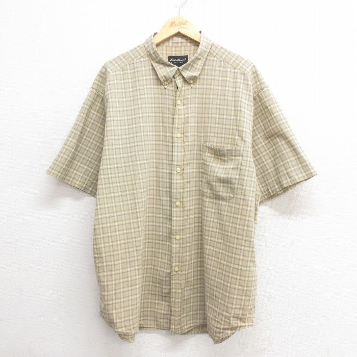 XL★古着 エディーバウアー 半袖 シャツ メンズ 00年代 00s 大きいサイズ ロング丈 コットン ボタンダウン 薄ベージュ他 カーキ チェック 25may27 中古 トップス