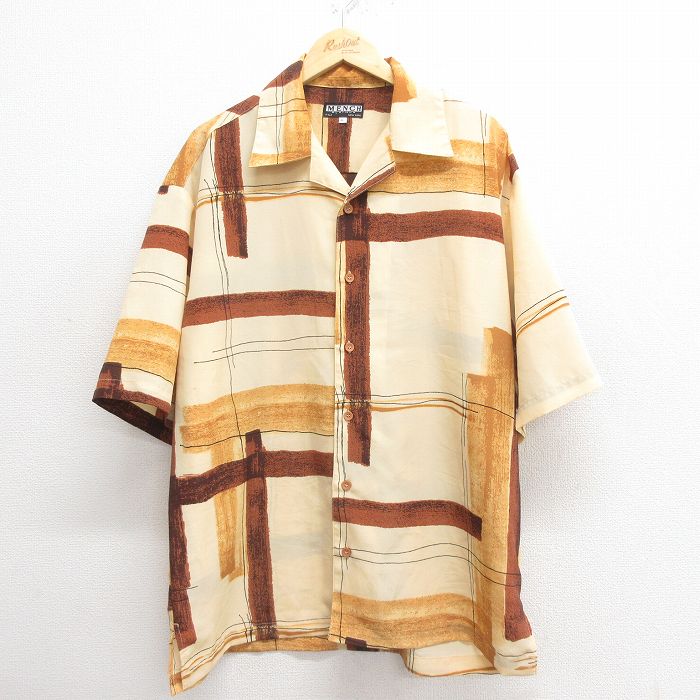 XL★古着 半袖 シャツ メンズ 開襟 オープンカラー 茶他 ブラウン 25may27 中古 トップス
