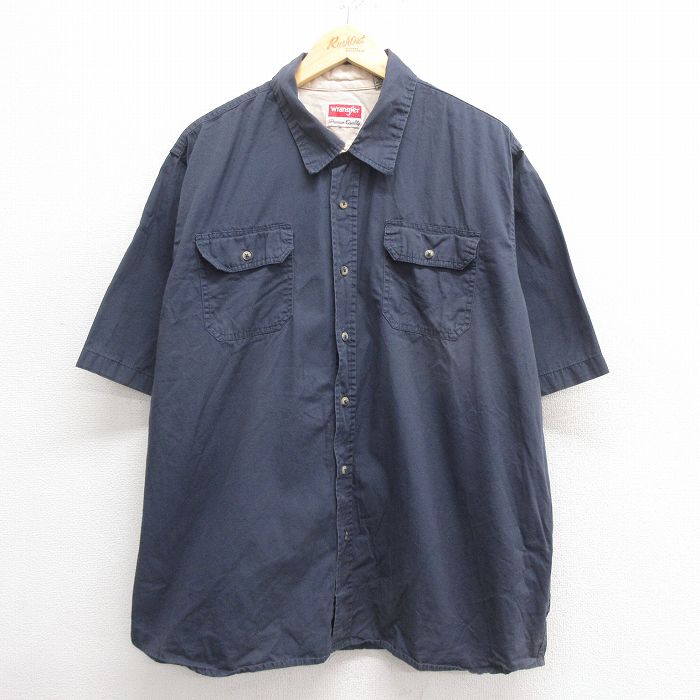 XL★古着 ラングラー Wrangler 半袖 シャツ メンズ 大きいサイズ コットン 紺 ネイビー 25may27 中古 トップス
