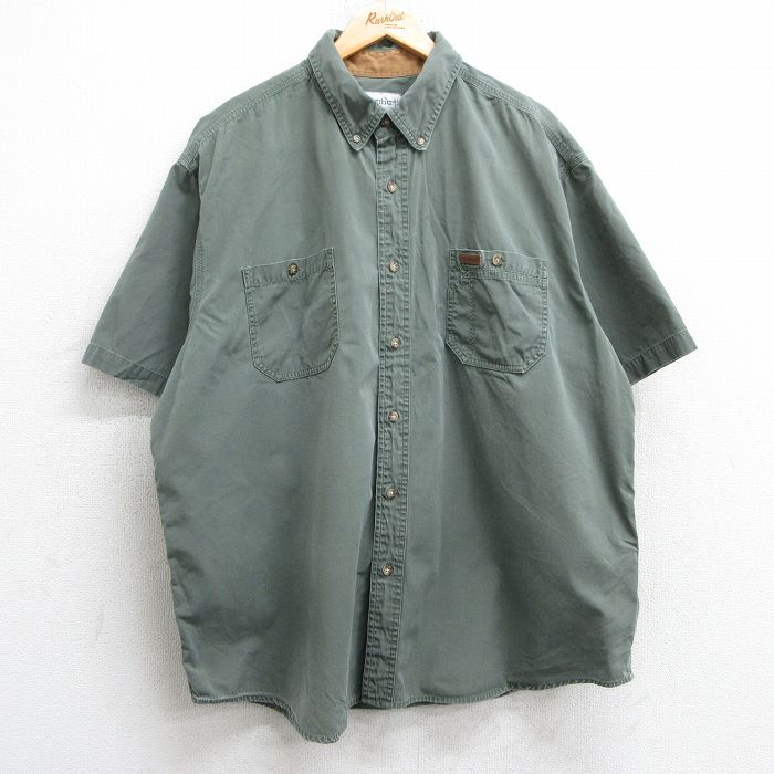 XL★古着 カーハート Carhartt 半袖 シャツ メンズ 大きいサイズ ロング丈 コットン ボタンダウン 濃緑 グリーン 【spe】 25may28 中古 トップス