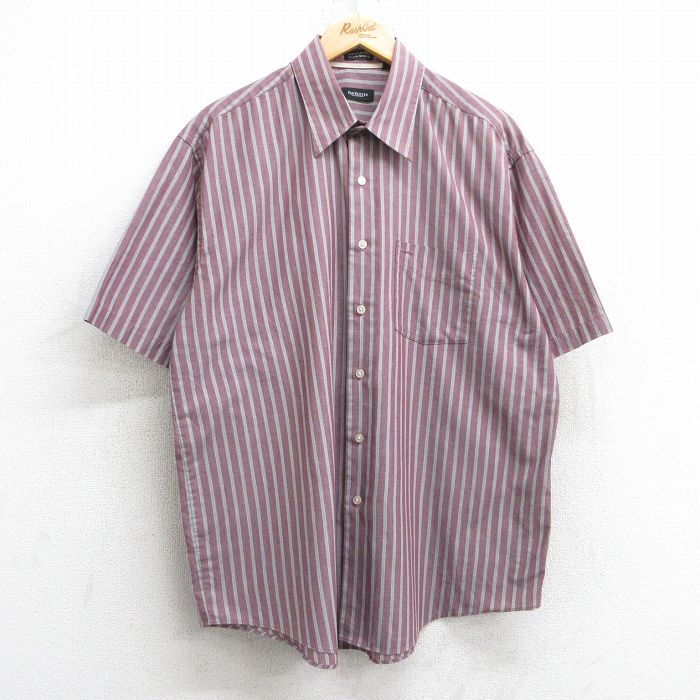 XL★古着 バンヒューセン 半袖 シャツ メンズ エンジ系他 ストライプ 25may28 中古 トップス