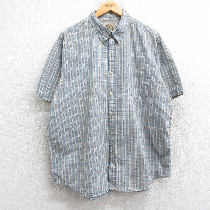 XL★古着 半袖 シャツ メンズ コットン ボタンダウン 薄紺他 ネイビー チェック 25may28 中古 トップス