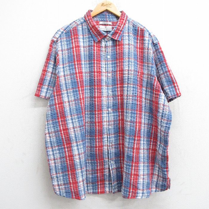 XL★古着 半袖 シャツ メンズ シアサッカー 大きいサイズ　ロング丈 紺他 ネイビー チェック 25may28 中古 トップス
