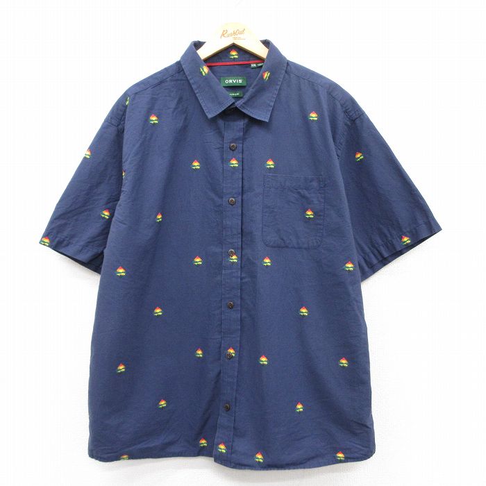 XL★古着 オービス ORVIS 半袖 シャツ メンズ 総柄 大きいサイズ ロング丈 コットン 紺他 ネイビー 【spe】 25may30 中古 トップス
