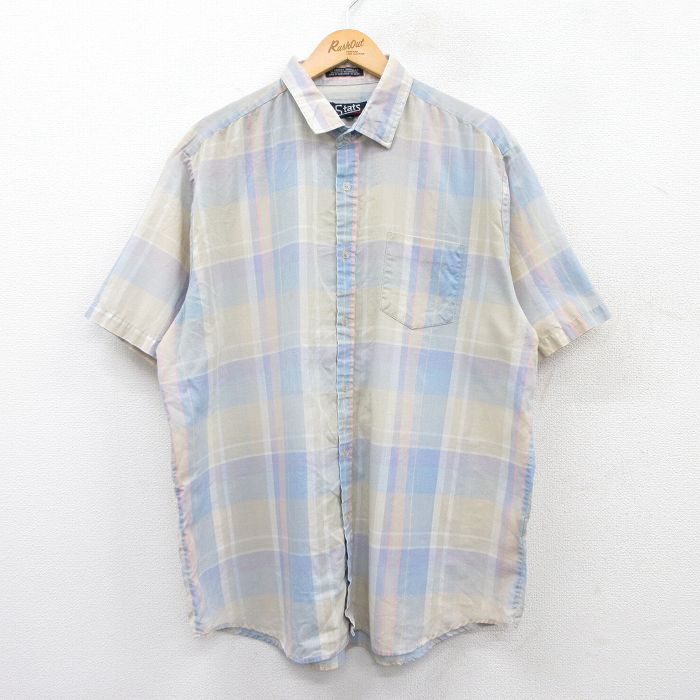 XL★古着 半袖 シャツ メンズ 90年代 90s 薄紺他 ネイビー チェック 25may30 中古 トップス