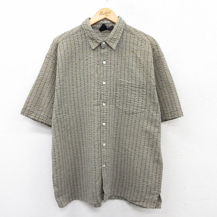 L★古着 半袖 シャツ メンズ シアサッカー コットン 緑系他 グリーン チェック 25may30 中古 トップス