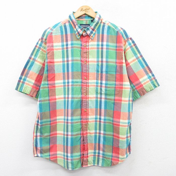 【50%OFF】L★古着 ランズエンド 半袖 シャツ メンズ 00年代 00s ロング丈 コットン ボタンダウン 緑他 グリーン チェック 25may30 中古 トップス