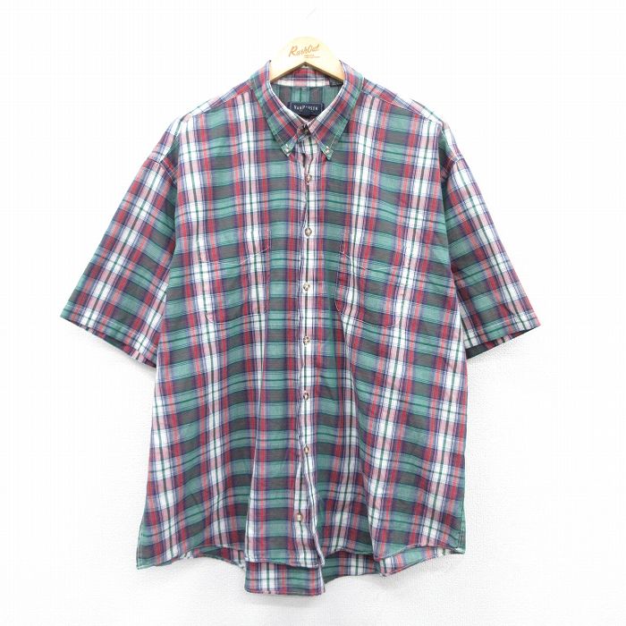 【50%OFF】XL★古着 バンヒューセン 半袖 シャツ メンズ 大きいサイズ ボタンダウン 緑他 グリーン チェック 25may30 中古 トップス
