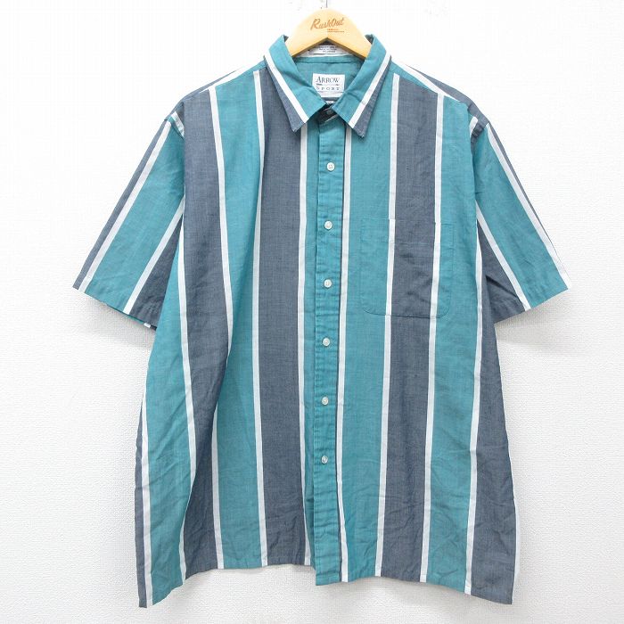 【50%OFF】XL★古着 アロー 半袖 シャツ メンズ 大きいサイズ 青緑他 ストライプ 25may30 中古 トップス