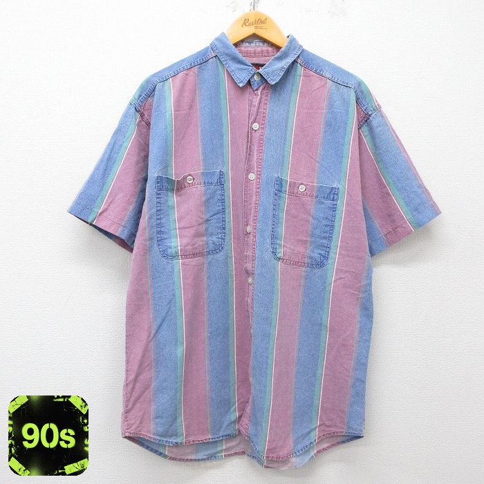 TODAYSNEWS 90s 半袖シャツ ネイビーストライプ L | 古着