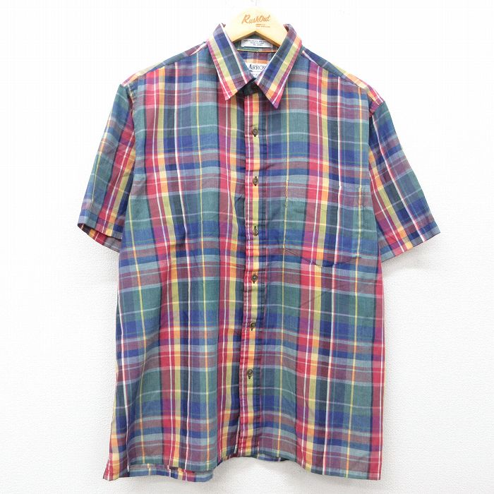 L★古着 アロー 半袖 シャツ メンズ 紺他 ネイビー チェック 25may30 中古 トップス