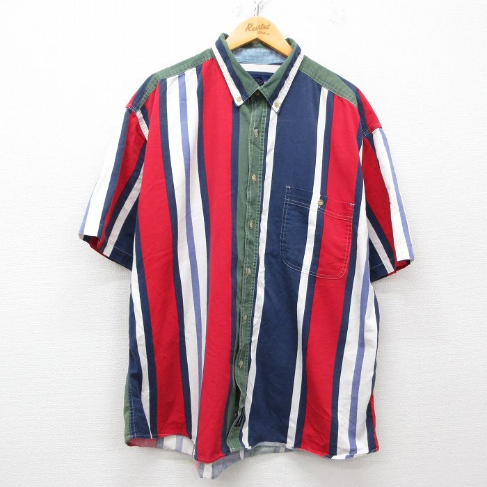 XL★古着 カタリナ 半袖 シャツ メンズ 大きいサイズ ロング丈 コットン ボタンダウン 紺他 ネイビー ストライプ 【spe】 25may30 中古 トップス