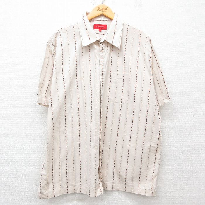 XL★古着 半袖 シャツ メンズ 大きいサイズ コットン 薄ベージュ他 カーキ ストライプ 25may30 中古 トップス