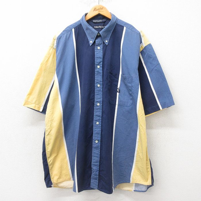 XL★古着 ノーティカ NAUTICA 半袖 ブランド シャツ メンズ 90年代 90s ワンポイントロゴ 大きいサイズ ロング丈 コットン ボタンダウン 紺他 ネイビー ストライプ 25jun02 中古 トップス