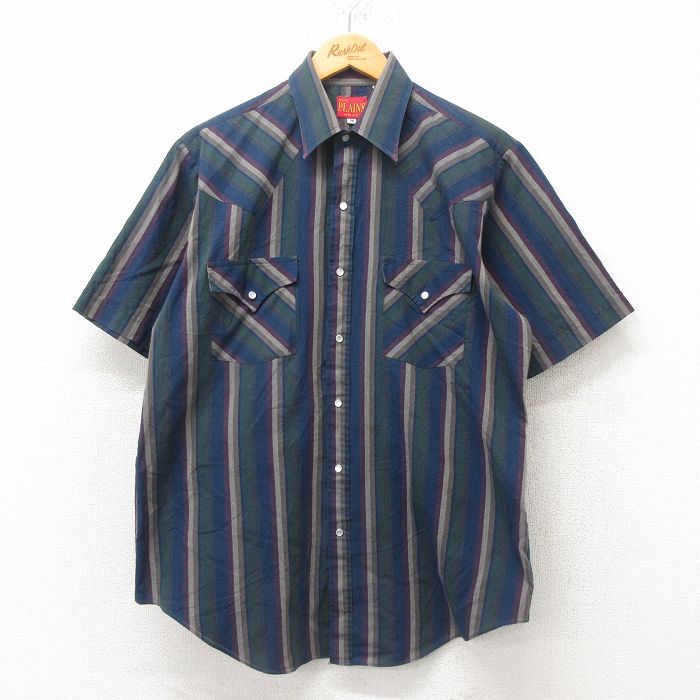 【20%OFF】L★古着 ELY 半袖 ウエスタン シャツ メンズ 90年代 90s 紺他 ネイビー ストライプ 25jun02 中古 トップス