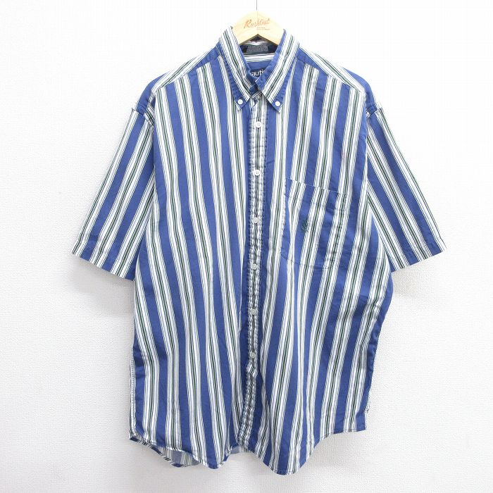 XL★古着 ノーティカ NAUTICA 半袖 ブランド シャツ メンズ 90年代 90s ワンポイントロゴ 大きいサイズ ロング丈 コットン ボタンダウン USA製 紺他 ネイビー ストライプ 25jun04 中古 トップス