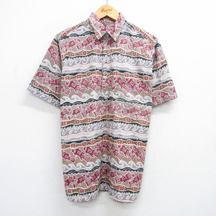 L★古着 半袖 シャツ メンズ 魚 総柄 えんじ他 25jun05 中古 トップス