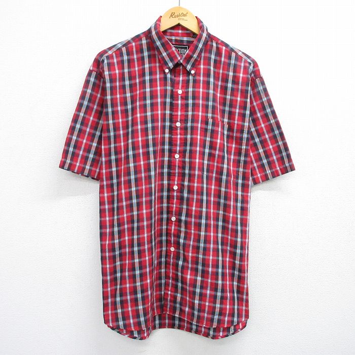 XL★古着 半袖 シャツ メンズ 大きいサイズ ボタンダウン 赤他 レッド チェック 25jun05 中古 トップス