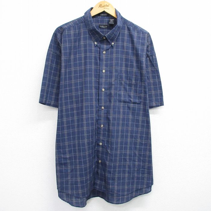 XL★古着 バンヒューセン 半袖 シャツ メンズ 大きいサイズ ロング丈 ボタンダウン 濃紺他 ネイビー チェック 25jun05 中古 トップス