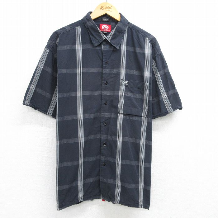 XL★古着 エコー ECKO 半袖 シャツ メンズ 大きいサイズ コットン 黒他 ブラック チェック 25jun05 中古 トップス
