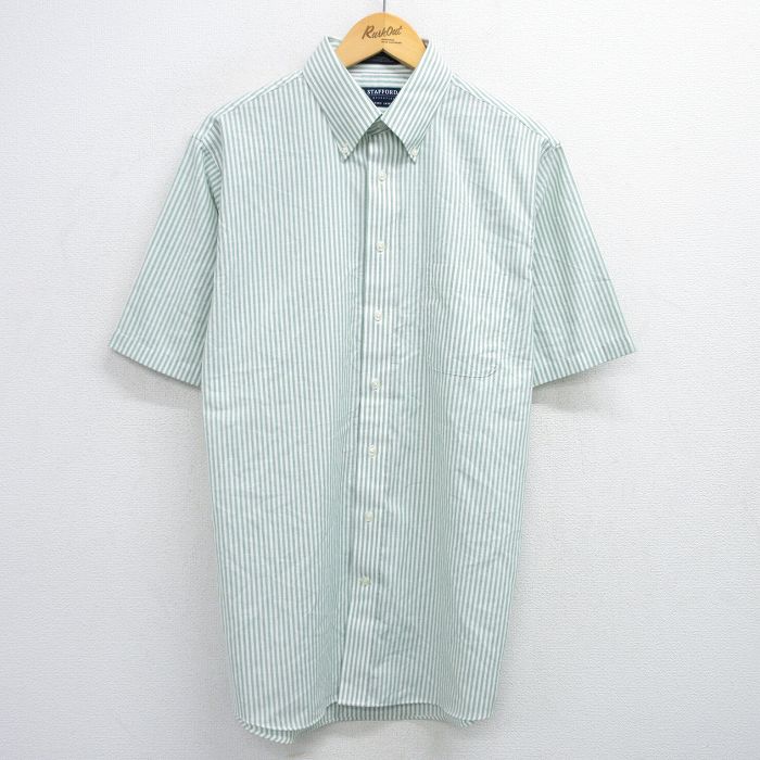 XL★古着 半袖 シャツ メンズ オックスフォード ロング丈 ボタンダウン 緑他 グリーン ストライプ 25jun05 中古 トップス