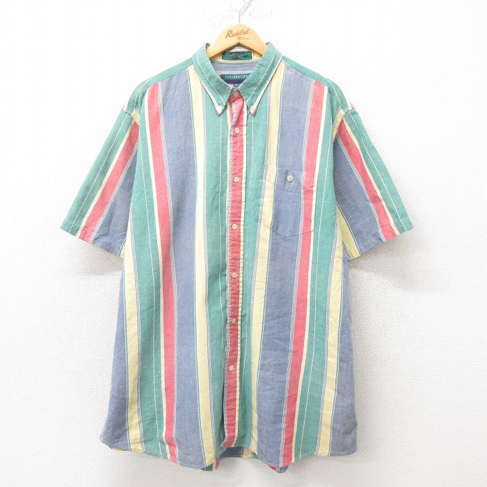 XL★古着 半袖 シャツ メンズ 大きいサイズ ロング丈 コットン ボタンダウン 緑他 グリーン ストライプ 25jun09 中古 トップス
