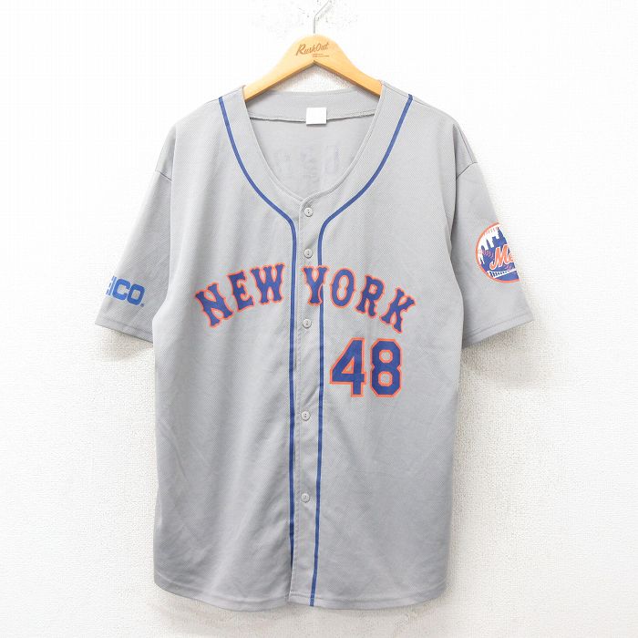 L★古着 半袖 ベースボール シャツ メンズ MLB ニューヨークメッツ ジェイコブデグロム 48 メッシュ地 グレー メジャーリーグ 野球 25jun09 中古 トップス