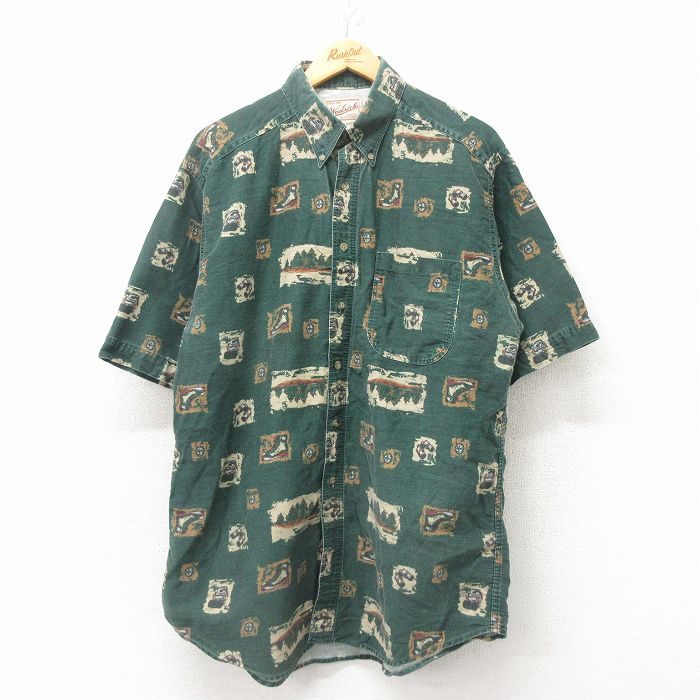L★古着 ウールリッチ WOOLRICH 半袖 シャツ メンズ 90年代 90s ブーツ他 ロング丈 コットン ボタンダウン USA製 緑 グリーン 25jun09 中古 トップス