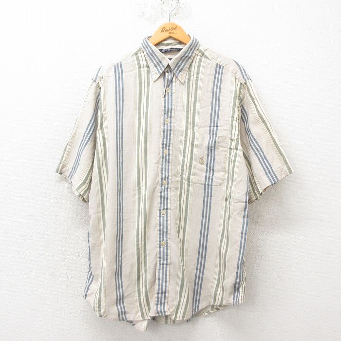 XL★古着 ノーティカ NAUTICA 半袖 ブランド シャツ メンズ 90年代 90s ワンポイントロゴ リネン ボタンダウン 薄ベージュ カーキ ストライプ 25jun09 中古 トップス