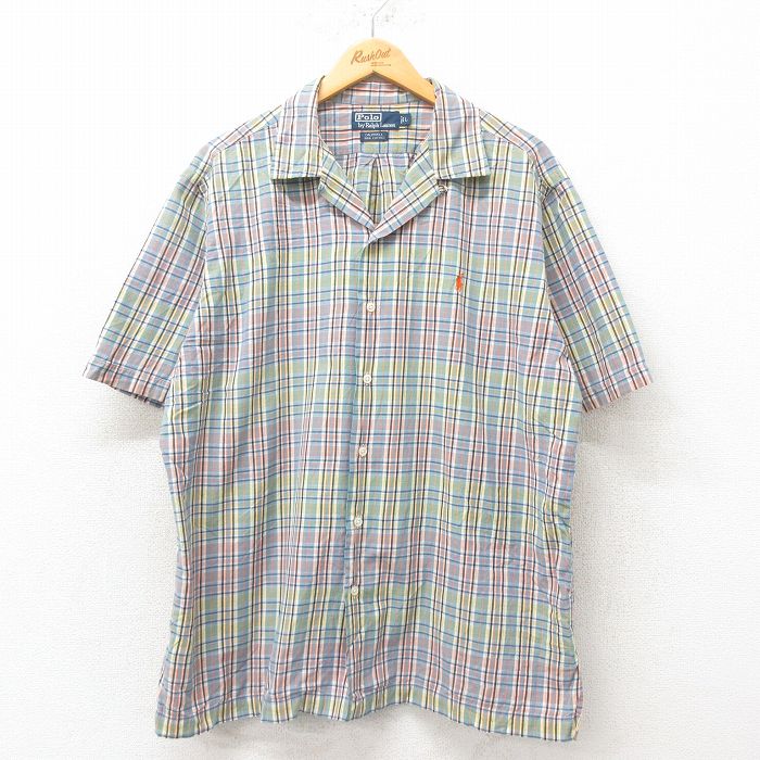 L★古着 ラルフローレン Ralph Lauren 半袖 ブランド シャツ メンズ 90年代 90s ワンポイントロゴ CALDWELL 開襟 オープンカラー 黄緑 チェック 【spe】 25jun09 中古 トップス