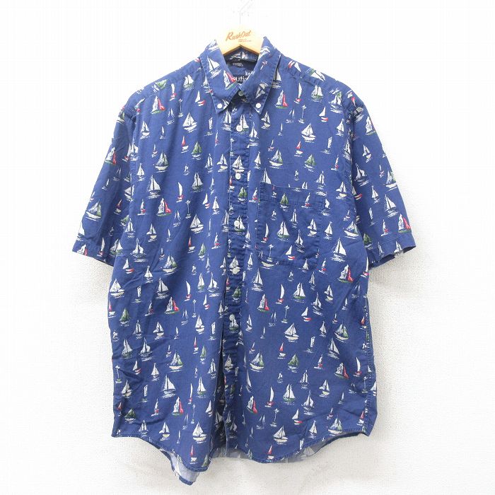 XL★古着 ノーティカ NAUTICA 半袖 ブランド シャツ メンズ 90年代 90s ヨット コットン ボタンダウン 青 ブルー 25jun09 中古 トップス